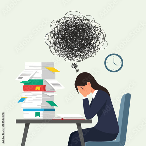Overwhelmed Businesswoman with Papers and Tangled Thoughts.