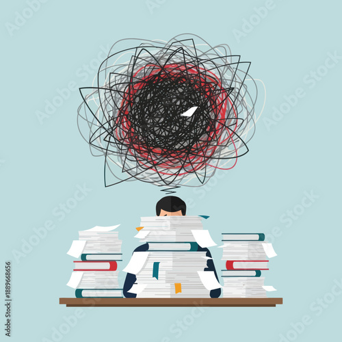 Overwhelmed Person Buried Under Books Stress.