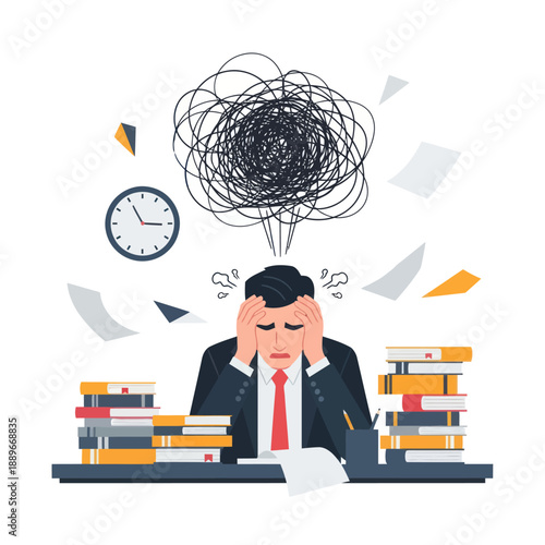 Stressed Businessman Overwhelmed with Work and Time.