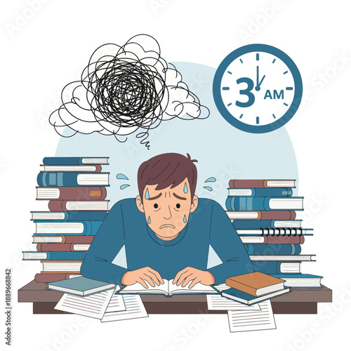 Man Overwhelmed with Books and Time Pressure.