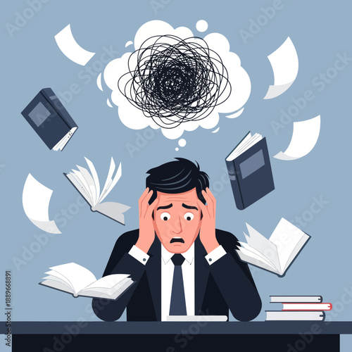 Stressed Man Overwhelmed with Books and Papers.