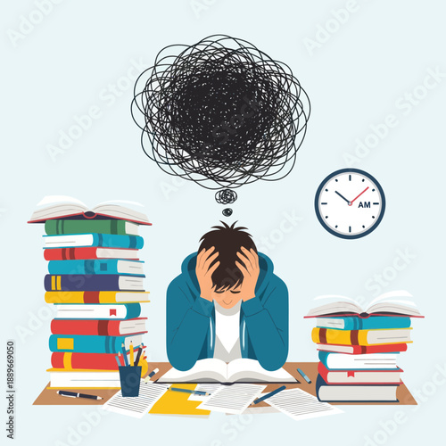 Overwhelmed Student Surrounded by Books and Papers.