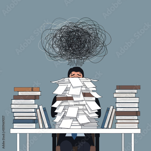Man Overwhelmed by Stacks of Paperwork.