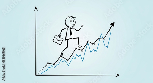 Stick figure businessman climbing upward trending graph.