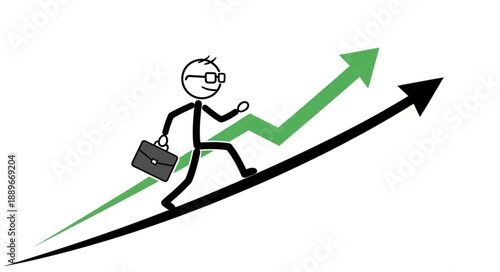 Stick figure businessman climbing upward trending graph with briefcase.