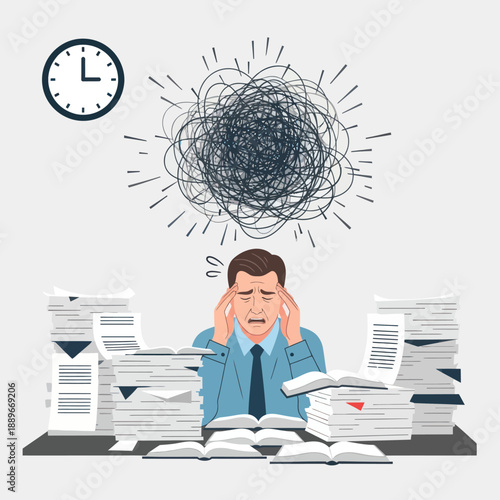 Stressed Man Overwhelmed with Workload and Deadline.