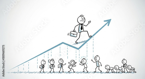 Stick figure businessman climbing upward trending graph with team below.