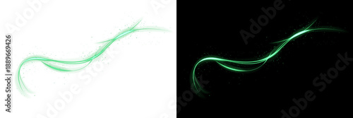 Magic flowing green light trail sparkles against a transparent background. elegant abstract wave filled with glowing particles, motion, and a sense of luxury and energy. sparkling stars and dust.