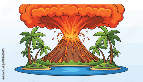 Volcano eruption on island with palm trees explosive blast and lava flow in scenic landscape