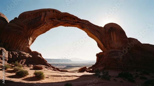 Natural arch of red rock, sunlight behind, desert landscape in background