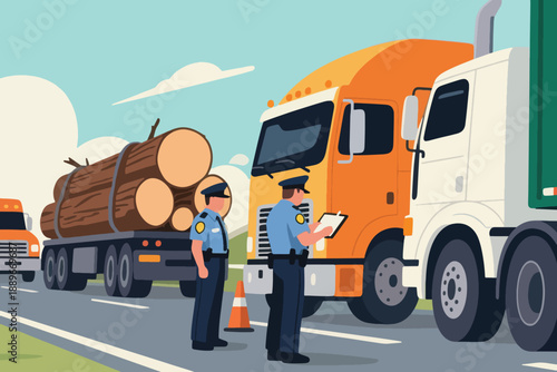Illustration Of A Police Officer Ticketing Several Overloaded Trucks Vector Design Template