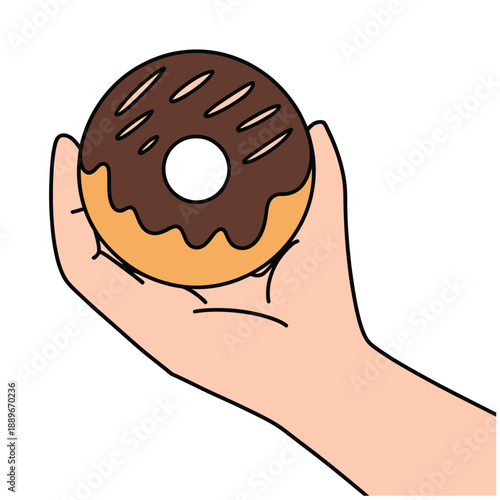 Hand holding a chocolate glazed doughnut with brown icing and sprinkles icon