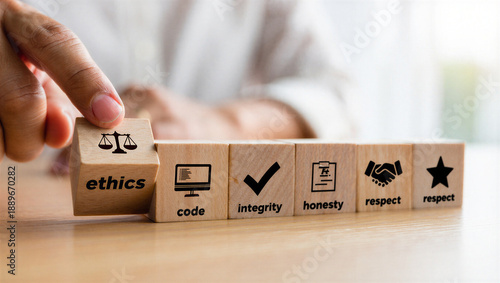 Wooden blocks with ethics and business integrity words