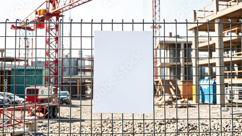 Blank White Poster Mockup on Metal Fence at Building Construction Site