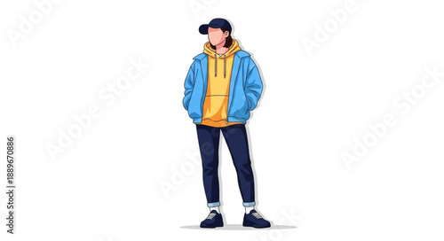 Young man wearing a blue jacket and yellow hoodie.