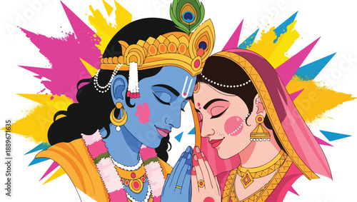 Illustration of Krishna and Radha celebrating Happi Holika Dahan with colorful abstract background, Indian mythological characters in traditional attire.