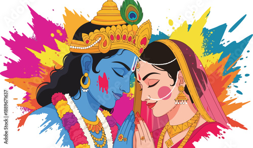 Illustration of a blue-skinned deity and a woman in traditional Indian attire celebrating Happi Holika Dahan with colorful paint splashes