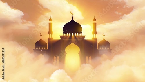 Loopable Ramadan motion background of a grand mosque silhouette rising through glowing clouds and cinematic light rays. Designed in warm golden tones to symbolize spirituality, faith, and celebration.