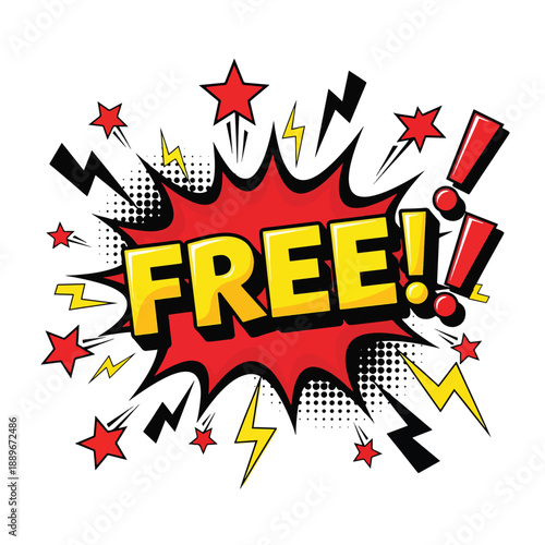 Dynamic comic-style announcement with 'FREE!' text burst; pop art promotion graphic