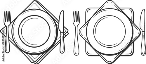 Minimal Table Setting Icon, Plate Fork Knife Dinnerware Line Art Illustration.