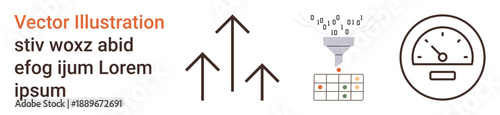 Data processing, analytics, efficiency, growth trends, system optimization, performance metrics. Elements include arrows, binary funnel grid and speed gauge. Data processing and analytics concept