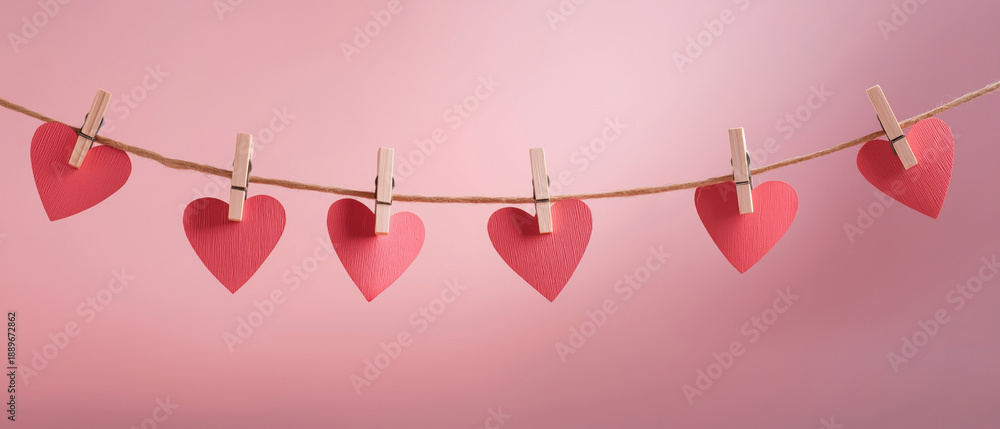 Obraz premium Red heart cutouts are displayed on a string, created AI
