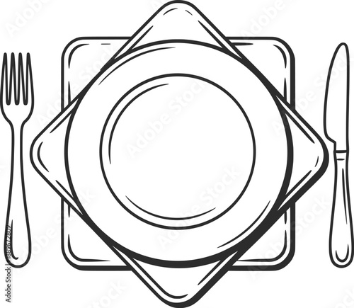 Minimal Table Setting Icon, Plate Fork Knife Dinnerware Line Art Illustration.