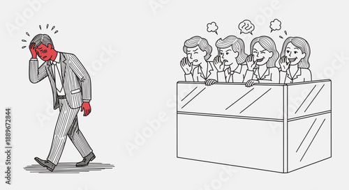 A distressed businessman experiences intense stress and anxiety while his female colleagues engage in office gossip within a cubicle environment.