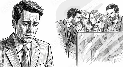 A somber professional endures the profound emotional toll of workplace isolation, while a group of colleagues secretly engage in hushed gossip.