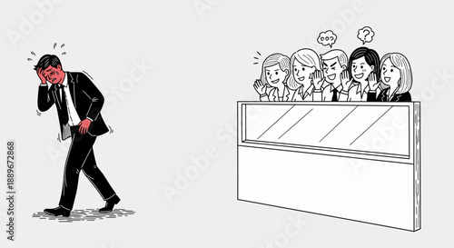 A distressed businessman experiences overwhelming anxiety and pressure while being judged by a critical group of colleagues in a tense corporate setting.