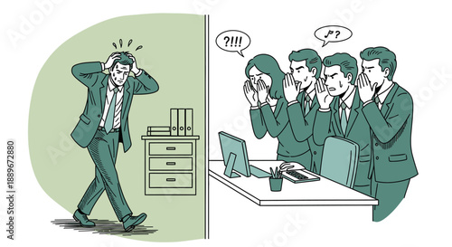 A frustrated businessman grapples with intense workplace stress and mental pressure, overwhelmed by constant whispers and harmful gossip from office colleagues.