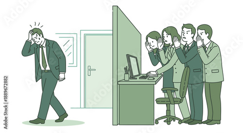 A stressed businessman walks away from his office cubicle as his colleagues behind a partition discreetly engage in workplace gossip and rumors.
