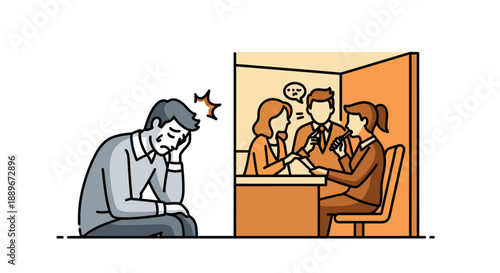 This illustration vividly contrasts a man experiencing social anxiety and isolation with a cheerful group of colleagues engaged in lively discussion.