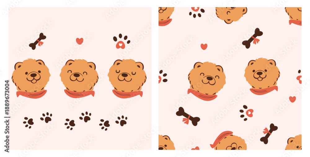 Obraz premium Cute dog face illustration set with paw prints, bones, and heart elements, featuring playful expressions and seamless pattern design in soft pastel tones for petthemed stationery and children graphic.