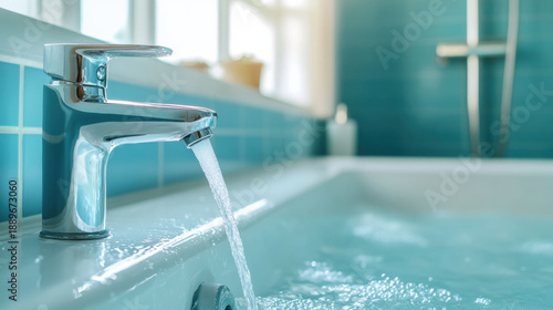 Modern chrome faucet pouring water into bathtub with blue tile wall and natural light creating calm atmosphere