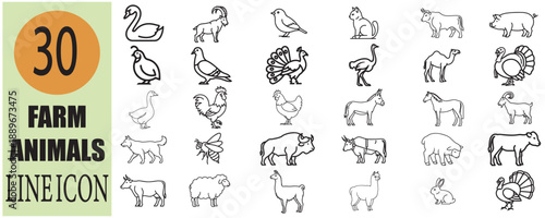 farm animals line icon set on white background for design resources