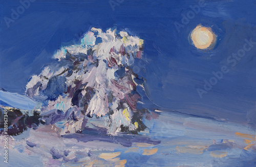 Wallpaper Mural Winter moon fir tree oil painting. A vivid hand-drawn illustration. Artistic background for the design. Modern Impressionism. A snow-covered tree on a mountainside. the concept of frost, solitude Torontodigital.ca