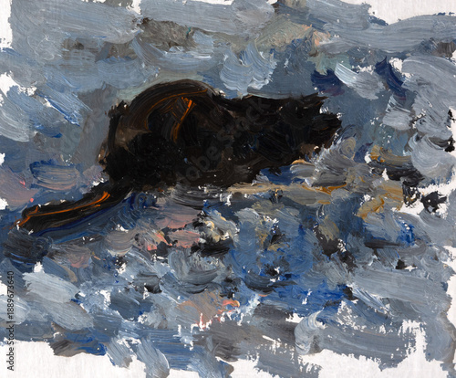 Wallpaper Mural Black cat quick sketch oil painting. A hand-painted plein-air painting. The modern art of painting. Silhouette of a kitten on the beach eating food. Artistic background for graphic design, postcards Torontodigital.ca