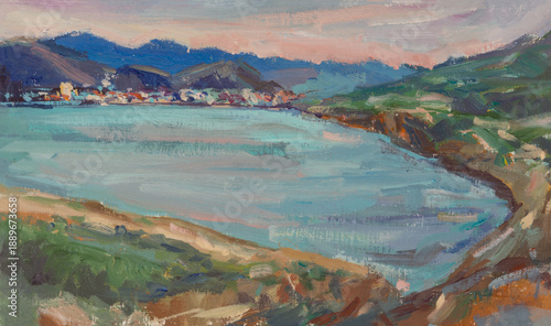 Wallpaper Mural Sea mountain oil painting. An original sketch from nature. Sunset light on turquoise water. Evening seascape. Multicolored brushstrokes, impressionism. Artistic background for design. Contemporary art Torontodigital.ca