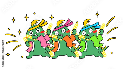 ペンライトを振って推し活するチュパカブラたちのキャラクターイラスト