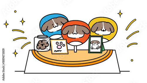 グッズを販売するかわいい犬のキャラクターたち｜イベント・展示ブースのイメージイラスト