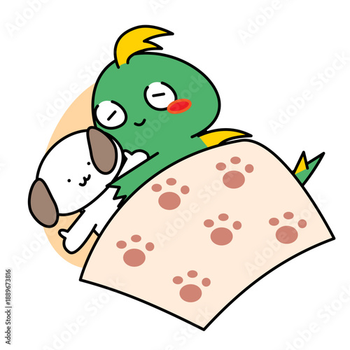 犬のぬいぐるみと一緒に眠るチュパカブラのイラスト｜安心・癒しのイメージ