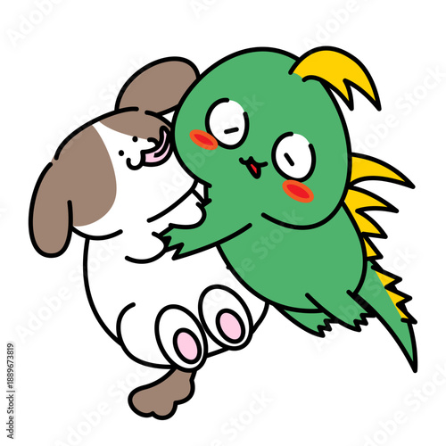 犬に甘えるチュパカブラのイラスト｜なかよし・信頼・スキンシップのイメージ