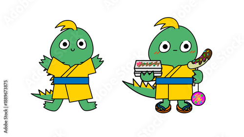 屋台の食べ物を持つ浴衣姿のチュパカブラのキャラクターイラストセット