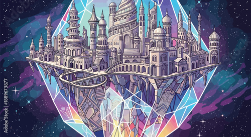 Elaborate fantasy city floats within a multifaceted crystal radiating a vibrant ethereal glow against a backdrop of deep space evoking dreams and otherworldly architectural marvels