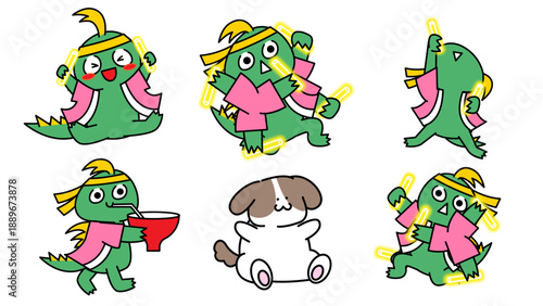 ペンライトで推し活をするチュパカブラと犬のキャラクターイラストセット