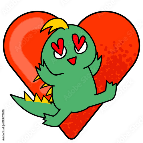 ハートに抱きつく恋するチュパカブラのかわいいキャラクターイラスト