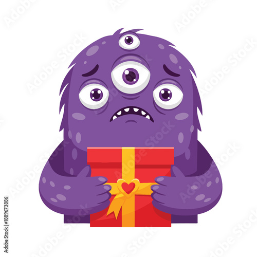 Sad purple creature holding a love gift box, cartoon vector illustration of disappointment.