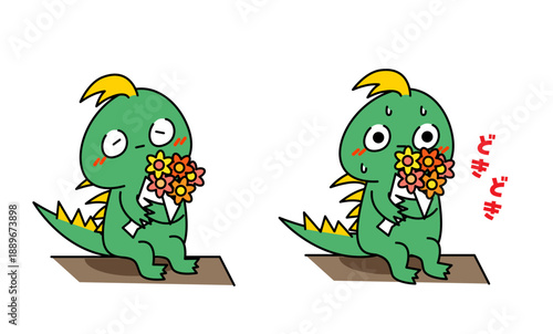 花束を渡そうとして緊張するキャラクターのイラスト（どきどき）