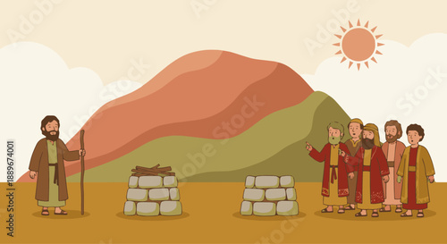 A Choice on the Mountain
Illustration prompt:

Flat vector illustration of Mount Carmel as a soft, rounded hill. Elijah stands on one side smiling calmly, while the prophets of Baal stand together on 